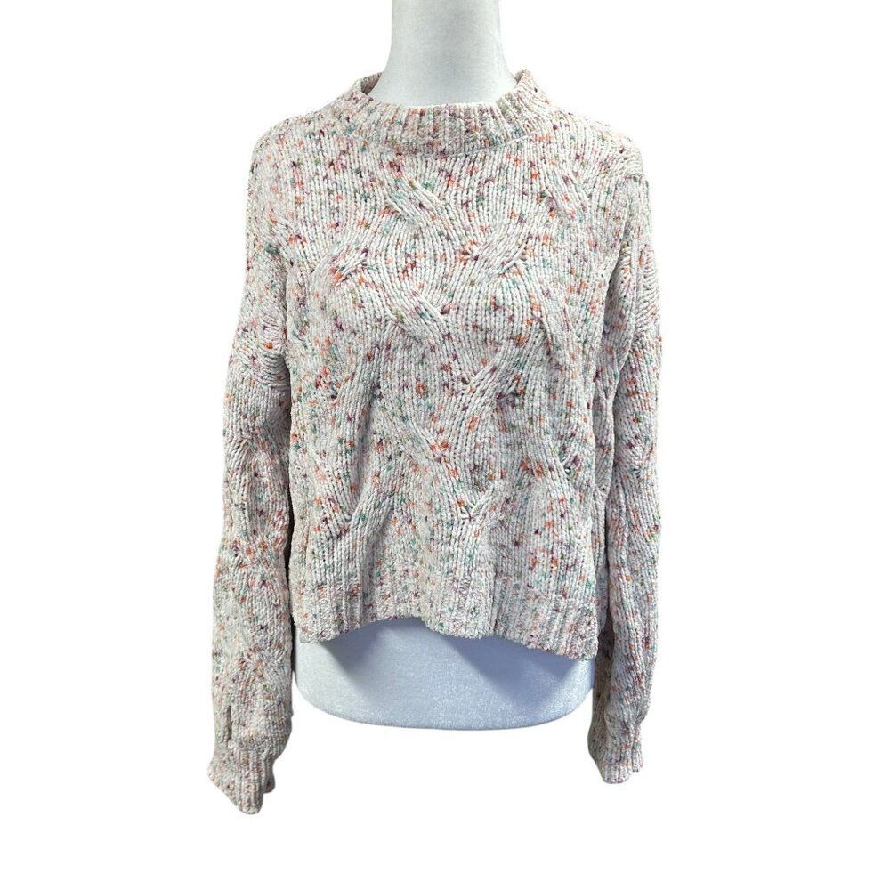 Pink Rose Sweater Womens Size Large Multicolor Confetti Chenille Cable Knit Crop